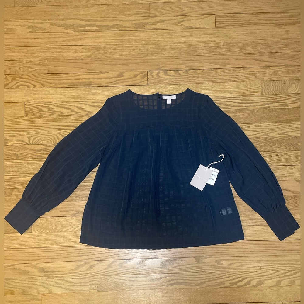 NWT - CHELSEA 28 Sheer Navy Blue Long Sleeve Plaid Blouse